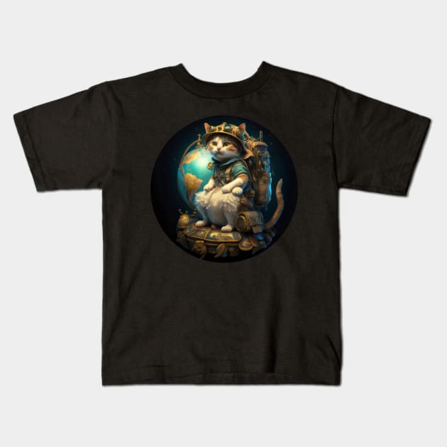 Traveller explorator cat near earth globe illustration Kids T-Shirt by byNIKA